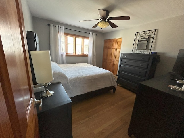 bedroom featuring wood finished floors, a ceiling fan, and a closet
