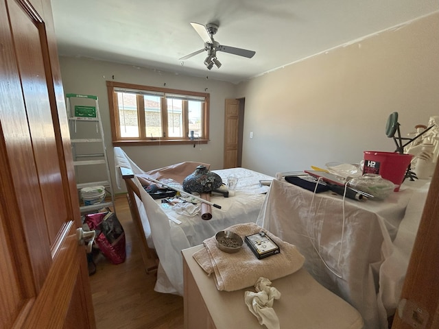 bedroom with wood finished floors and a ceiling fan