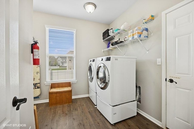 1683 Rockefeller Dr, Mundelein, IL 60060 - clothes washing area featuring washing machine and dryer, dark wood finished floors, and baseboards