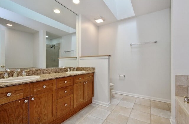 full bath featuring a sink, tile patterned floors, a skylight, and a shower