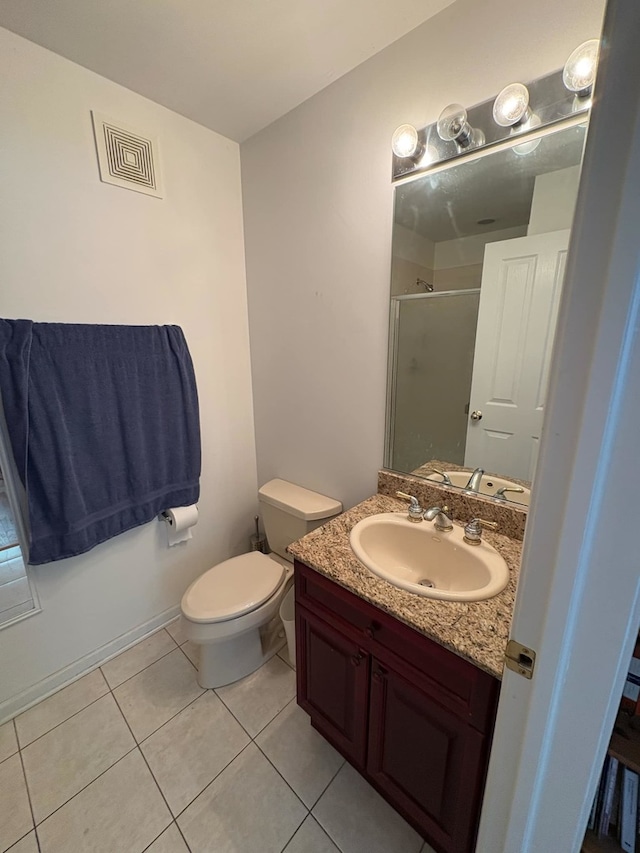 bathroom with visible vents, tile patterned flooring, a shower stall, vanity, and toilet