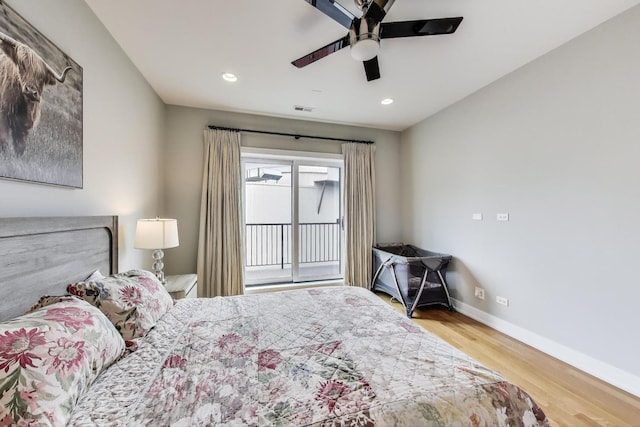 bedroom featuring wood finished floors, baseboards, recessed lighting, a ceiling fan, and access to outside