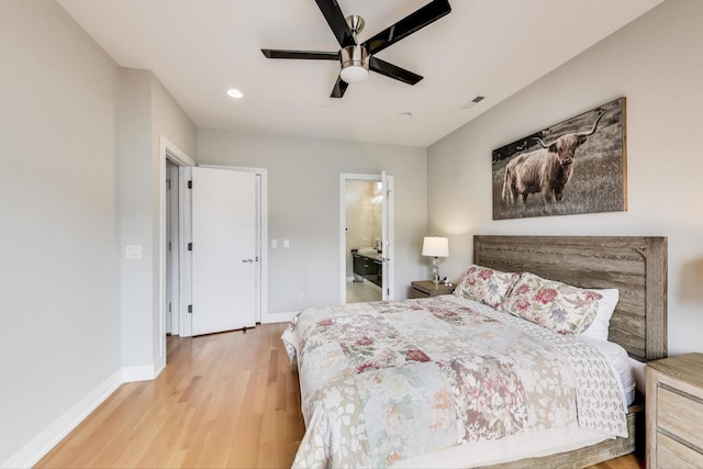 bedroom featuring a ceiling fan, recessed lighting, baseboards, visible vents, and wood finished floors