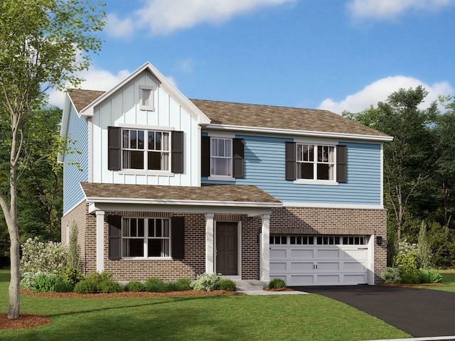 view of front of home with a garage, a front lawn, aphalt driveway, brick siding, and board and batten siding