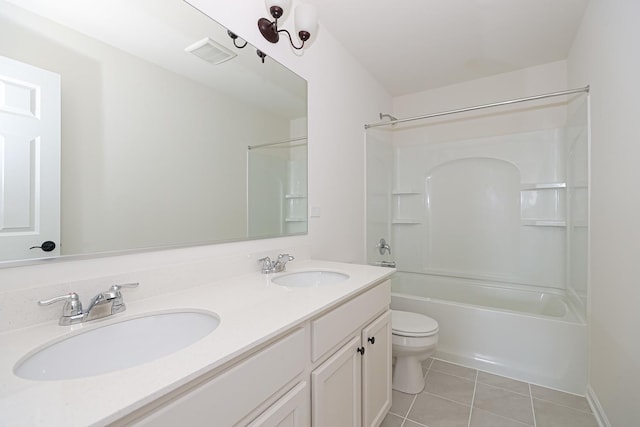 full bathroom featuring a sink, tile patterned floors, toilet, and double vanity