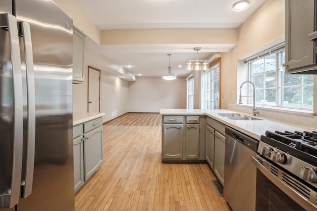 1326 Narragansett Dr, Carol Stream, IL 60188 - kitchen with appliances with stainless steel finishes, gray cabinets, a sink, light wood-type flooring, and light countertops