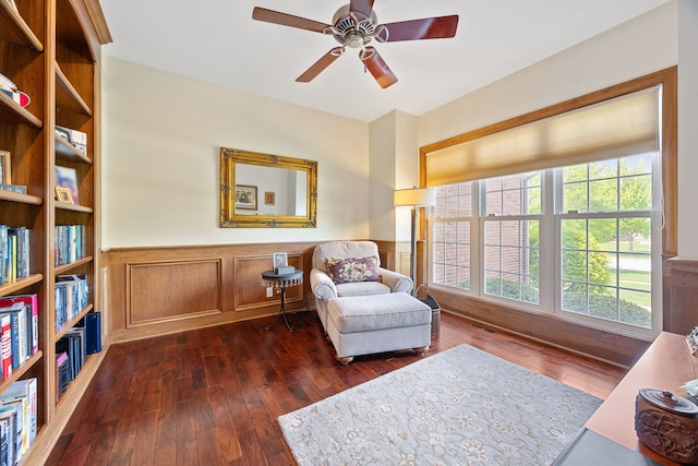 610 Wind Energy Pass, Batavia, IL 60510 - living area featuring a wainscoted wall, dark wood-type flooring, plenty of natural light, and a ceiling fan