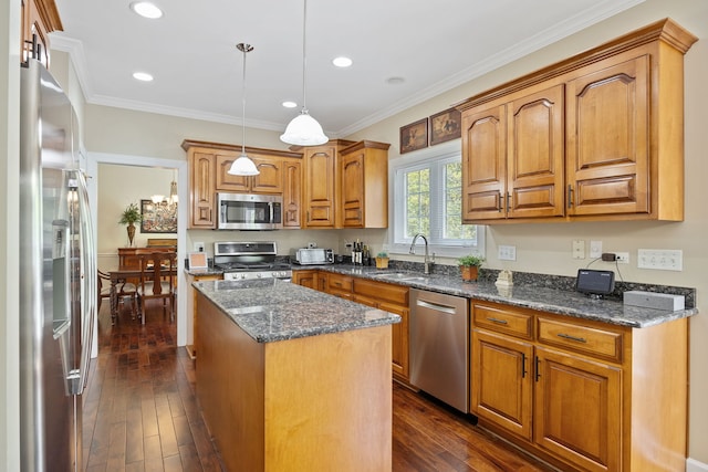 610 Wind Energy Pass, Batavia, IL 60510 - kitchen featuring appliances with stainless steel finishes, a sink, a kitchen island, brown cabinetry, and dark wood-style floors
