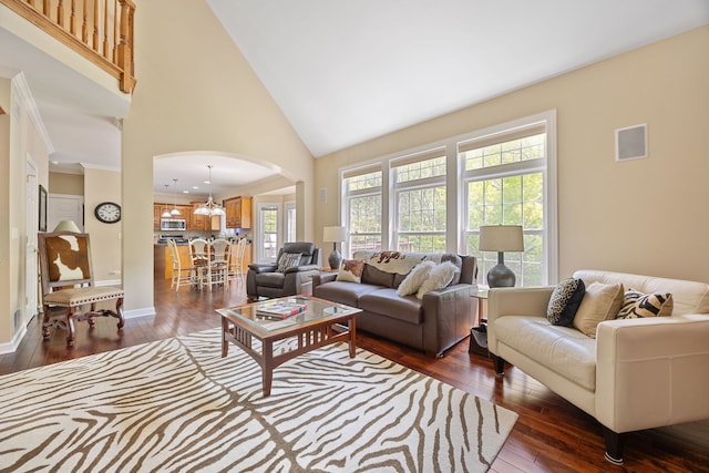610 Wind Energy Pass, Batavia, IL 60510 - living room featuring arched walkways, dark wood-style floors, high vaulted ceiling, a chandelier, and baseboards