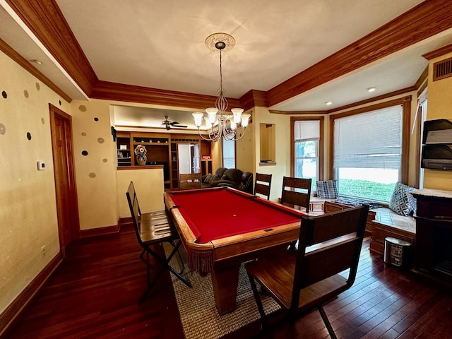 playroom with wood-type flooring, baseboards, crown molding, and pool table