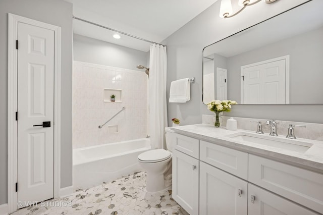 bathroom featuring toilet, shower / tub combo, recessed lighting, and vanity