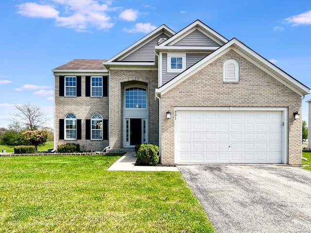 traditional home featuring brick siding, a garage, driveway, and a front yard