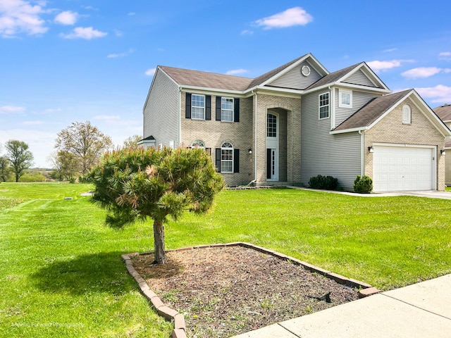 traditional-style house with a garage, concrete driveway, a front lawn, and brick siding