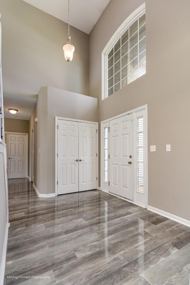 foyer with baseboards, a high ceiling, and wood finished floors