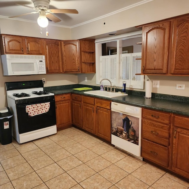 5900 W 110th St, Chicago Ridge, IL 60415 - kitchen with light tile patterned floors, a sink, open shelves, crown molding, and white appliances