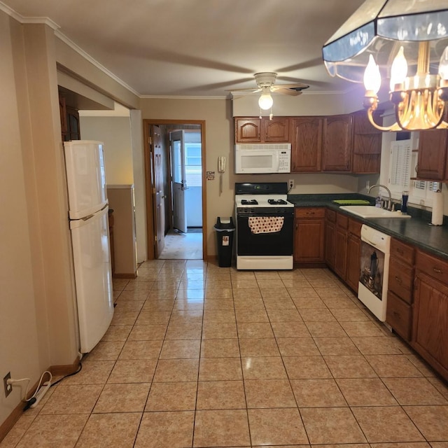 5900 W 110th St, Chicago Ridge, IL 60415 - kitchen featuring a sink, white appliances, ornamental molding, light tile patterned floors, and dark countertops