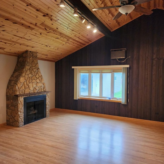 5900 W 110th St, Chicago Ridge, IL 60415 - unfurnished living room with rail lighting, wood finished floors, wood ceiling, and vaulted ceiling