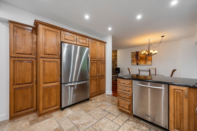 kitchen featuring brown cabinetry, stainless steel appliances, recessed lighting, and stone tile floors