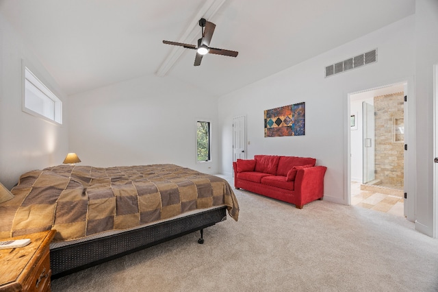 bedroom with ceiling fan, visible vents, carpet floors, lofted ceiling with beams, and ensuite bath