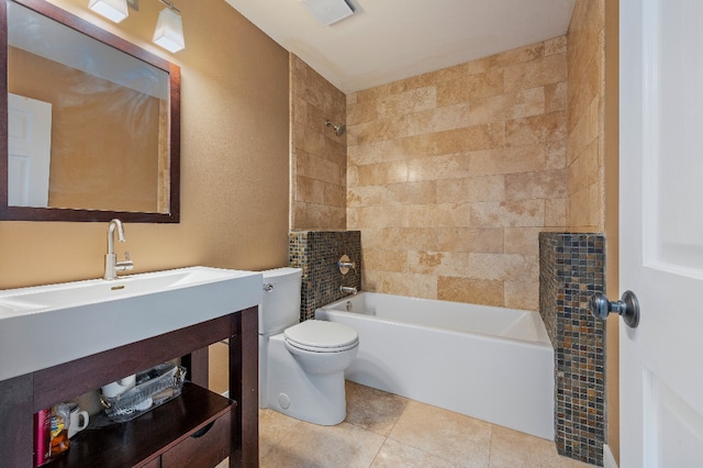 full bathroom featuring toilet,  shower combination, tile patterned floors, and vanity