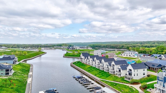 drone / aerial view featuring a water view