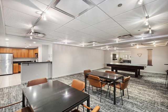 dining space featuring light colored carpet, visible vents, baseboards, and pool table