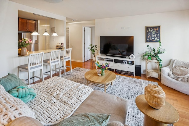 living area featuring wood finished floors and baseboards