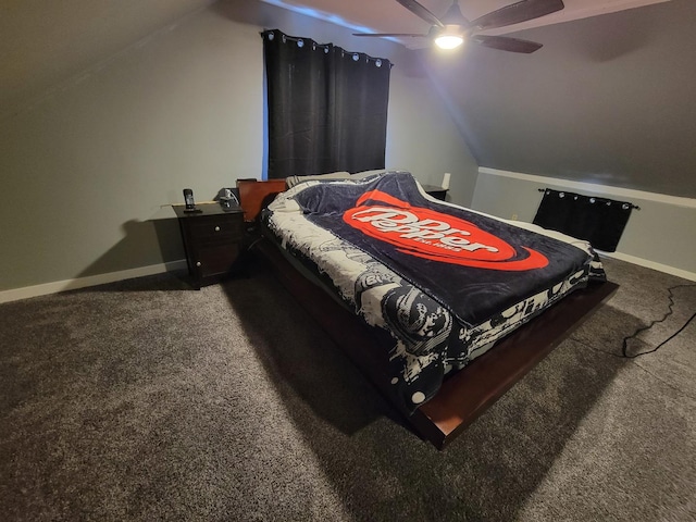 bedroom with lofted ceiling, baseboards, a ceiling fan, and carpet floors