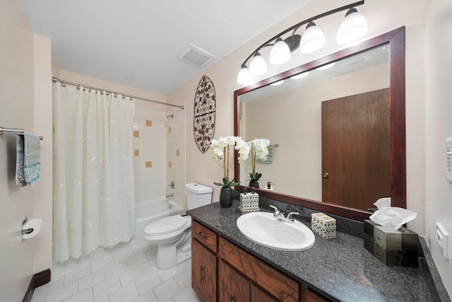 full bath with shower / tub combo, toilet, visible vents, tile patterned flooring, and vanity