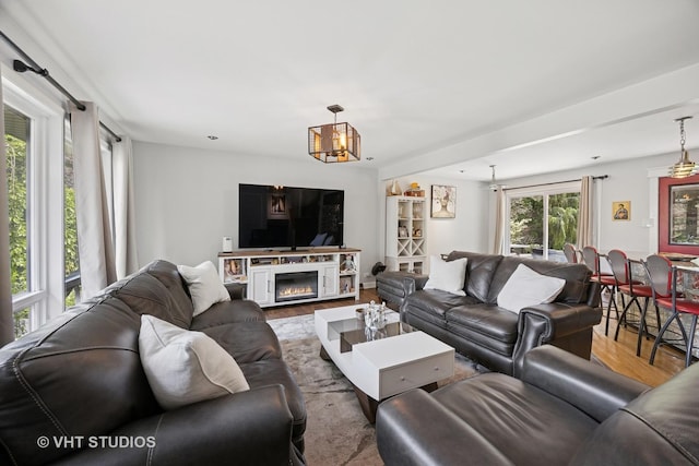 20W315 S Frontage Rd, Lemont, IL 60439 - living area featuring wood finished floors, a chandelier, and a glass covered fireplace