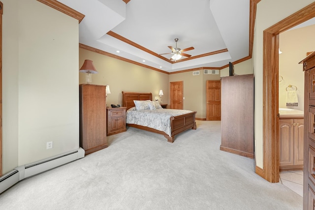 2835 N Bulrush Ct, Coal City, IL 60416 - bedroom with light colored carpet, a baseboard radiator, a tray ceiling, ornamental molding, and baseboards