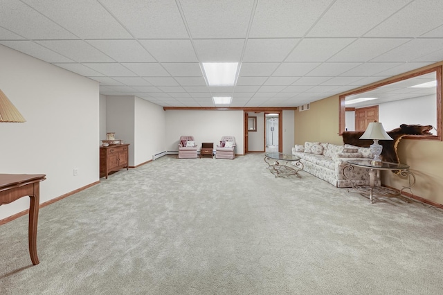 2835 N Bulrush Ct, Coal City, IL 60416 - living room featuring carpet flooring, baseboards, baseboard heating, and a paneled ceiling