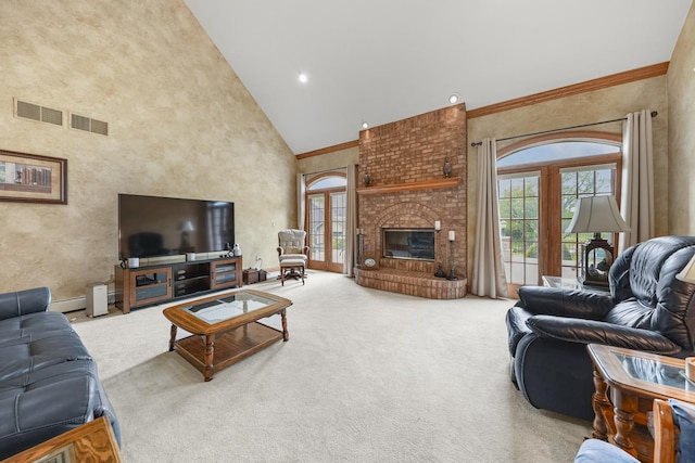 2835 N Bulrush Ct, Coal City, IL 60416 - living area featuring high vaulted ceiling, carpet floors, healthy amount of natural light, a fireplace, and ornamental molding