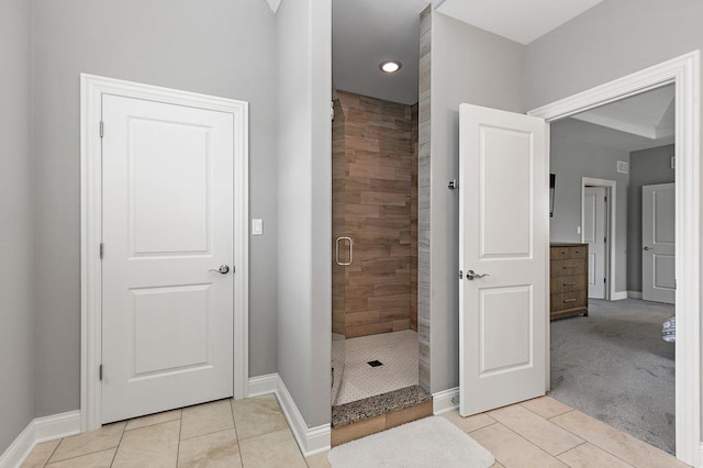 11130 Alpine Ln, Orland Park, IL 60467 - full bath featuring tile patterned flooring, a shower stall, baseboards, and recessed lighting