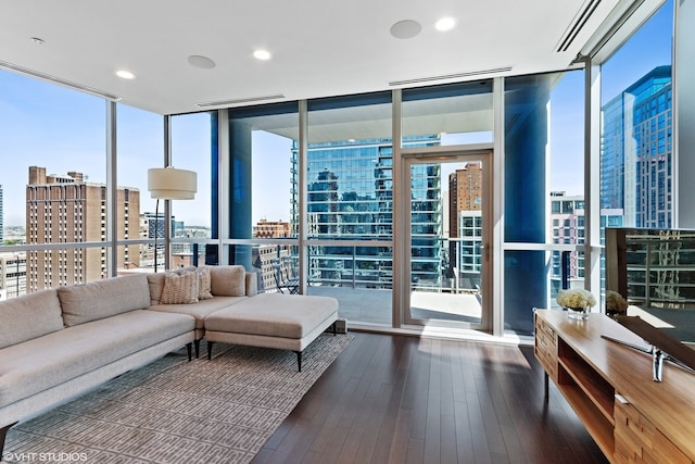 living room with a city view, floor to ceiling windows, a healthy amount of sunlight, and hardwood / wood-style flooring