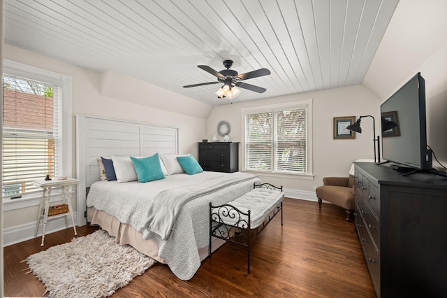 bedroom with vaulted ceiling, multiple windows, wooden ceiling, dark wood finished floors, and baseboards
