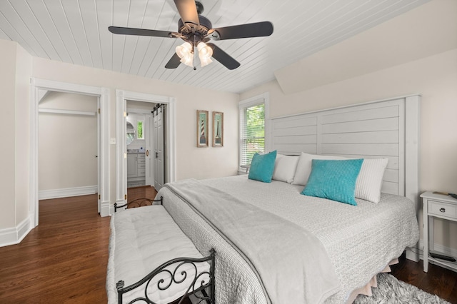 bedroom with wood finished floors, baseboards, ceiling fan, and wood ceiling