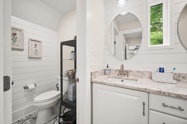 bathroom with toilet, vanity, and wooden walls