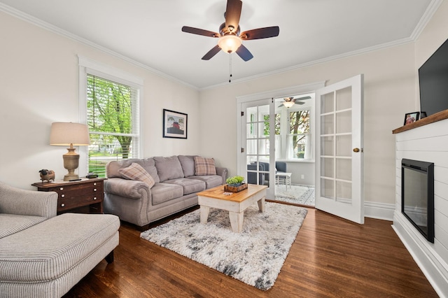 living area featuring dark wood-style floors, ceiling fan, plenty of natural light, ornamental molding, and a glass covered fireplace