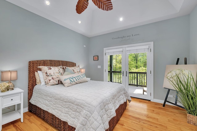 bedroom with access to outside, wood finished floors, french doors, baseboards, and recessed lighting