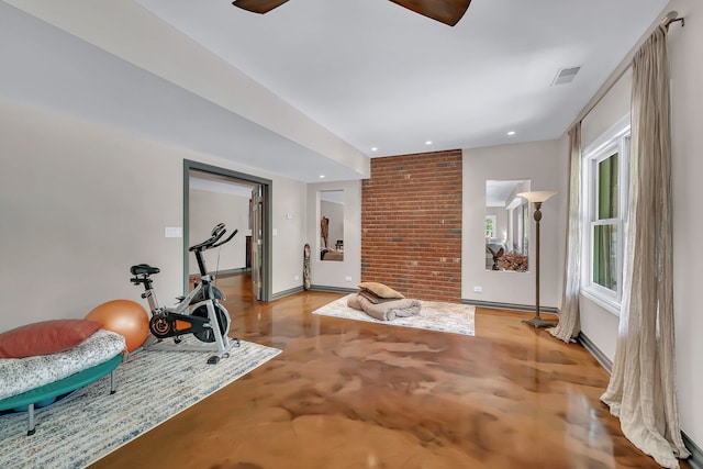 exercise area with a ceiling fan, recessed lighting, and baseboards