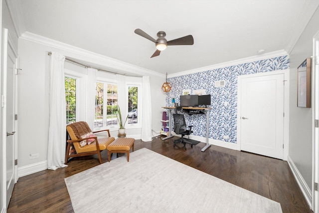 946 N Marion St, Oak Park, IL 60302 - home office with wallpapered walls, crown molding, a ceiling fan, baseboards, and wood finished floors