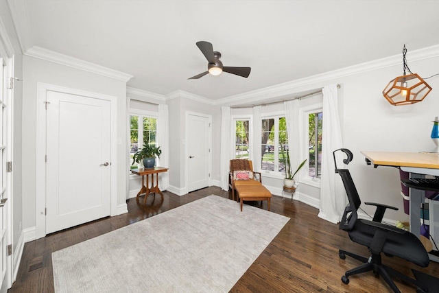 946 N Marion St, Oak Park, IL 60302 - home office featuring dark wood-style floors, ceiling fan, ornamental molding, and baseboards