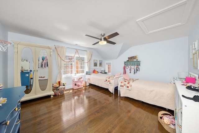 946 N Marion St, Oak Park, IL 60302 - bedroom with wood finished floors, attic access, ceiling fan, and vaulted ceiling