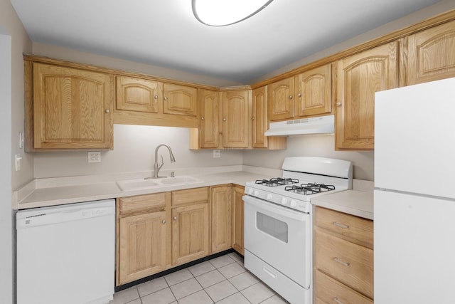 121 Cotuit Ct Unit 121, Schaumburg, IL 60193 - kitchen featuring a sink, white appliances, under cabinet range hood, light countertops, and light tile patterned floors