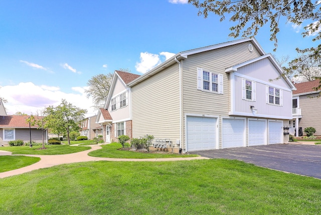 view of home's exterior with asphalt driveway, an attached garage, and a yard
