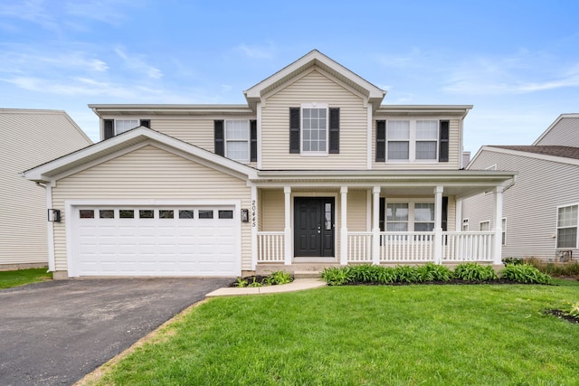 20445 Spirea Ln, Crest Hill, IL 60403 - traditional-style home with a front yard, aphalt driveway, covered porch, and an attached garage