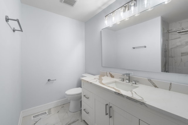 20445 Spirea Ln, Crest Hill, IL 60403 - full bath with toilet, marble finish floor, visible vents, baseboards, and tiled shower