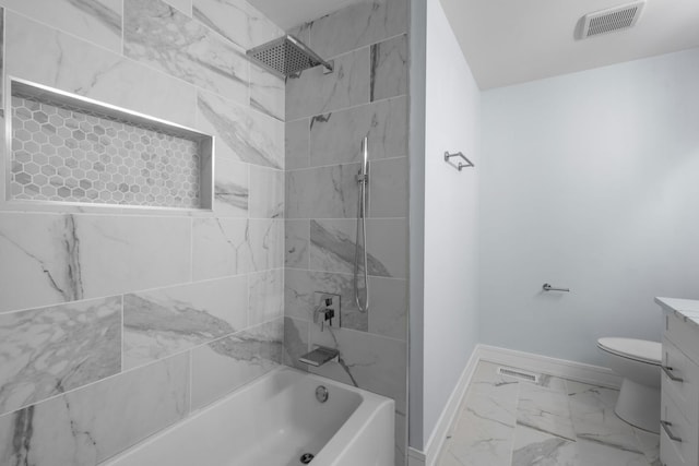20445 Spirea Ln, Crest Hill, IL 60403 - bathroom with baseboards, marble finish floor, visible vents, vanity, and shower / bathing tub combination