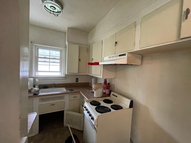 kitchen with white range with electric stovetop, under cabinet range hood, a sink, and white cabinetry